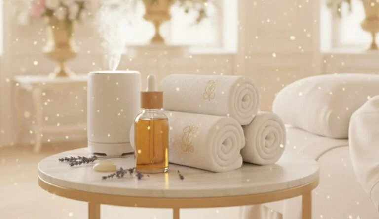 Zátiší s luxusními oleji a ručníky v salonu Lymphomodelage představující rozdíly mezi lymfodrenáží, lymfomasáží a odbornou lymfomodeláží.