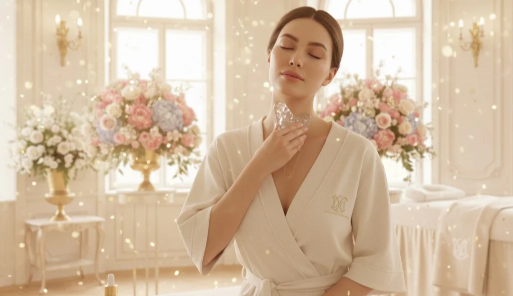 Detailní ukázka stimulace lymfatického systému v oblasti dekoltu pomocí Gua Sha pro detoxikaci organismu a projasnění pleti v salonu Lymphomodelage.